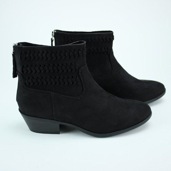 Black Ankle Boots Braided Woven Faux Suede Booties - Picture 2 of 8